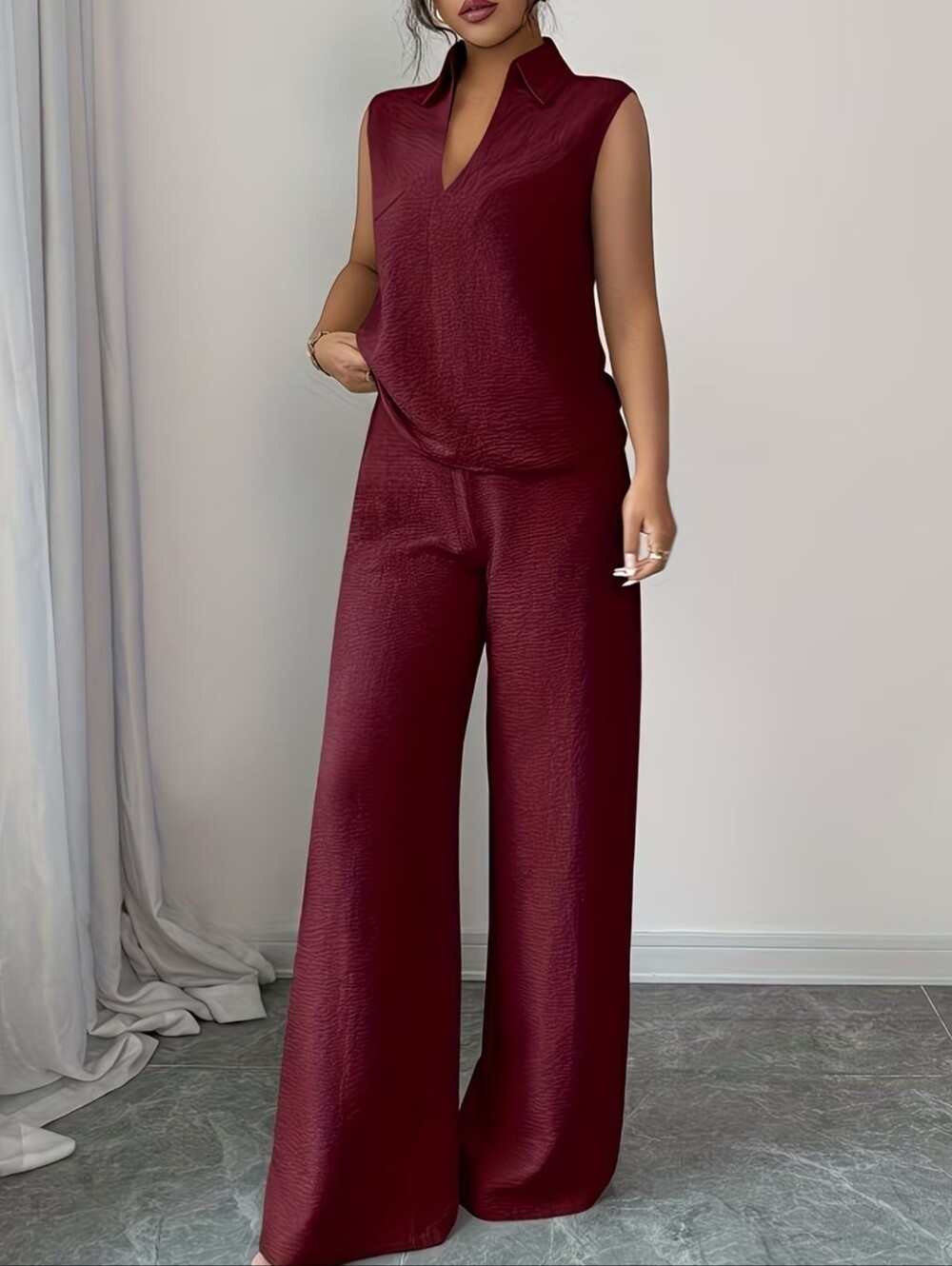 Sleeveless V-Neck Top And Wide Leg Pants Set- Burgundy - Picture 5 of 9